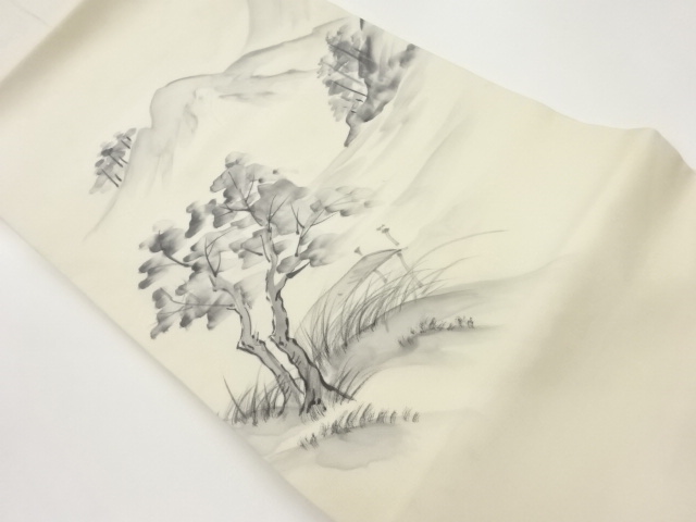 作家物　塩瀬手描き山並みに木々模様名古屋帯